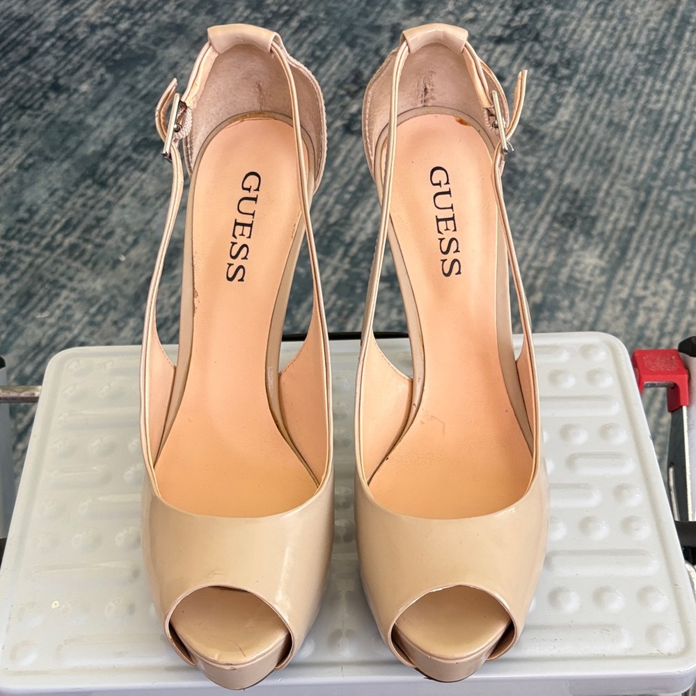 GUESS Nude Patent Peep-Toe Slingback Heels
